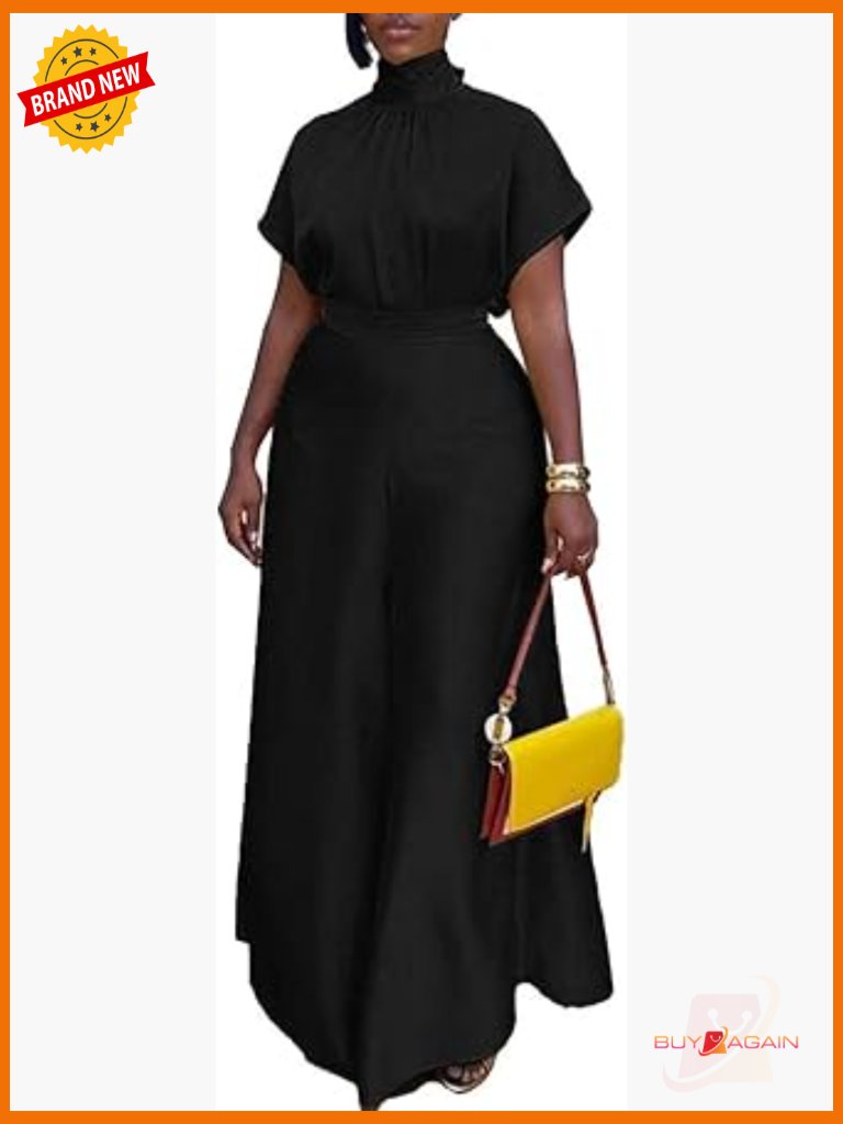 Elegant Women 2 Piece Outfit Satin Wide Leg Pants Short Sleeve Blouse Going Out
